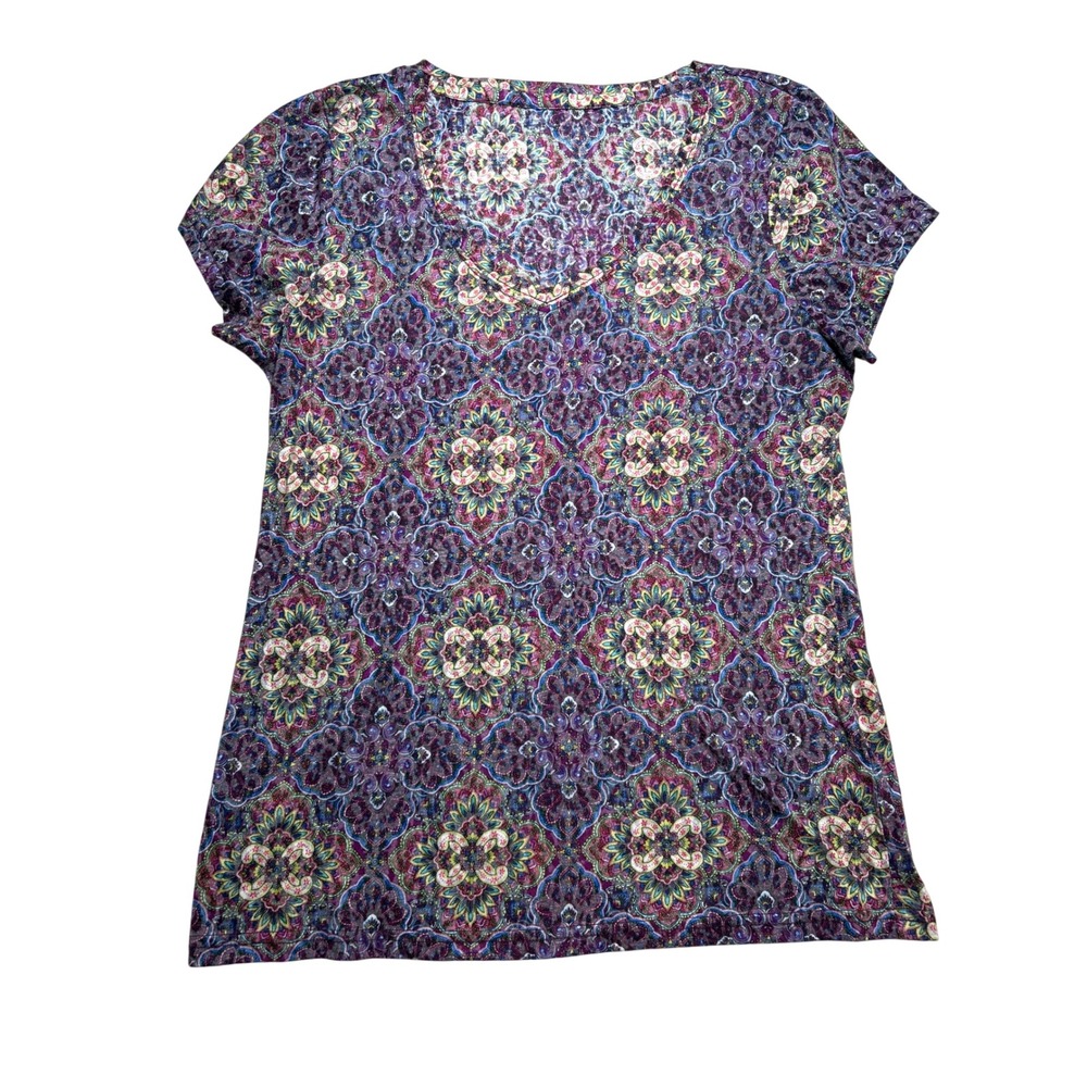 Womens Purple Medallion Print V-Neck Short Sleeve Bohemian Top Tee Y2K Shirt